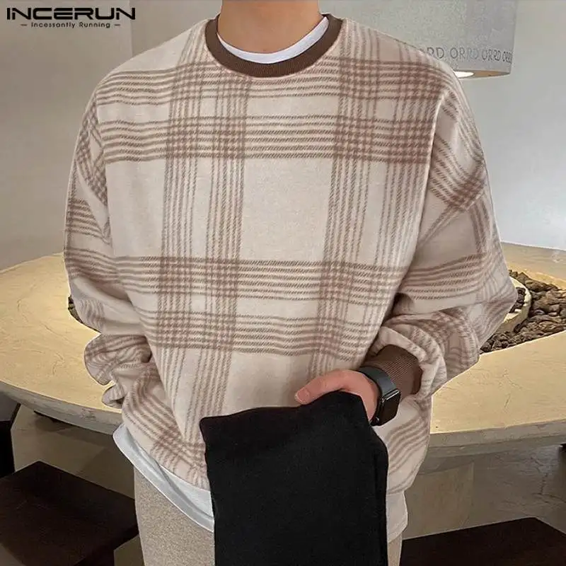 

Топы INCERUN 2023, красивый мужской Клетчатый дизайнерский худи в Корейском стиле с круглым вырезом, повседневный мужской Универсальный пуловер, худи с длинным рукавом