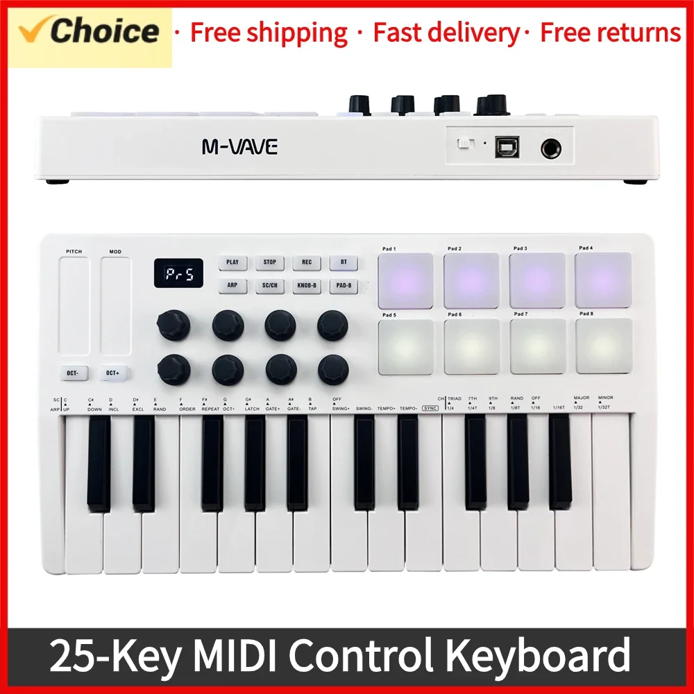 

M-VAVE 25-клавишная MIDI-клавиатура, портативная мини-USB MIDI-контроллер с 25 чувствительными скоростями клавишами, 8 ручками, клавиатура, инструмент