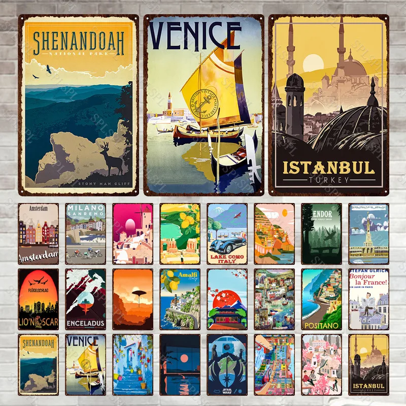 

Famous City Landscape Poster Vintage Metal Signs Budapest Malta Sydney Tin Plate Retro Wall Art Decor for Living Room Home