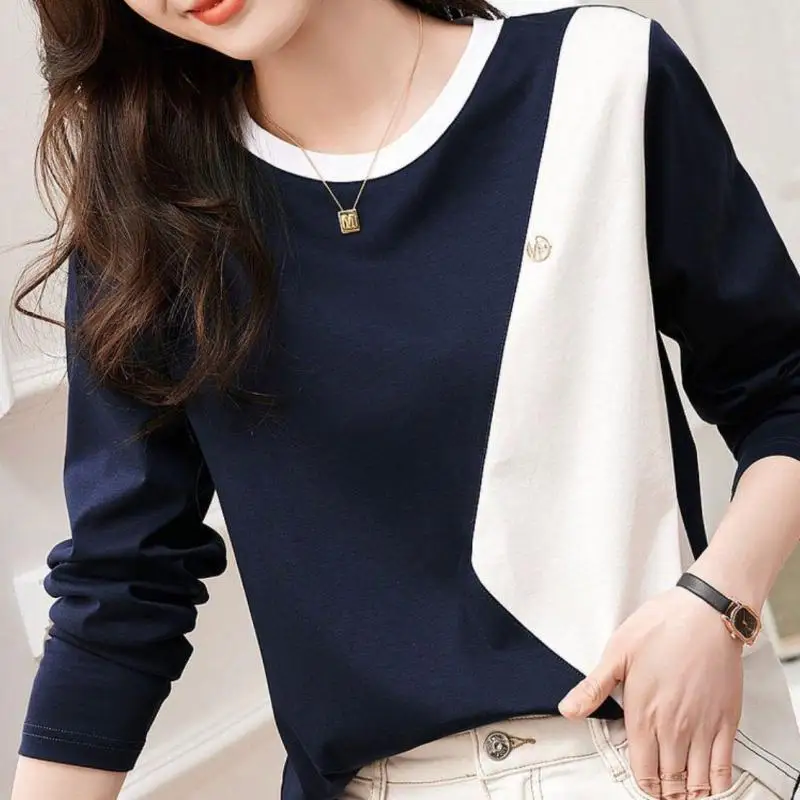 

S-XL Womens T Shirts Spring Autumn Long Sleeve O-neck Splicing Loose Casual Tidal Current Female Tops Tees Ladies Clothes Hw49