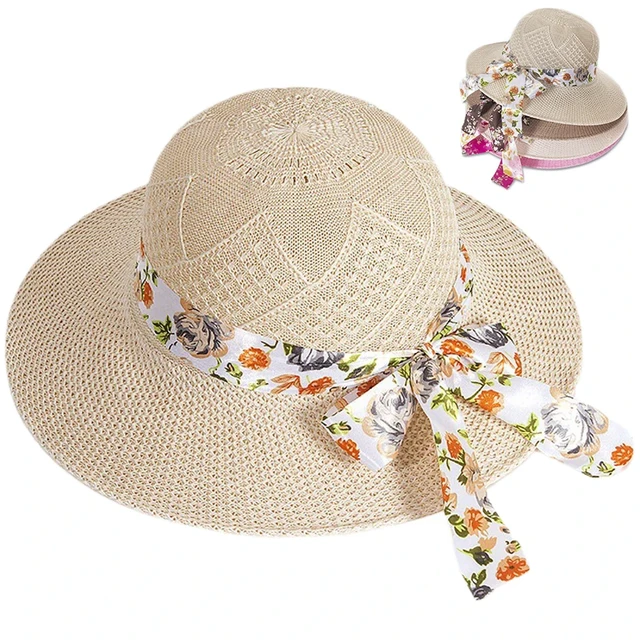 Summer Bowknot Ribbon Outdoor Sun Hats Girls Wide Brim Straw Hat