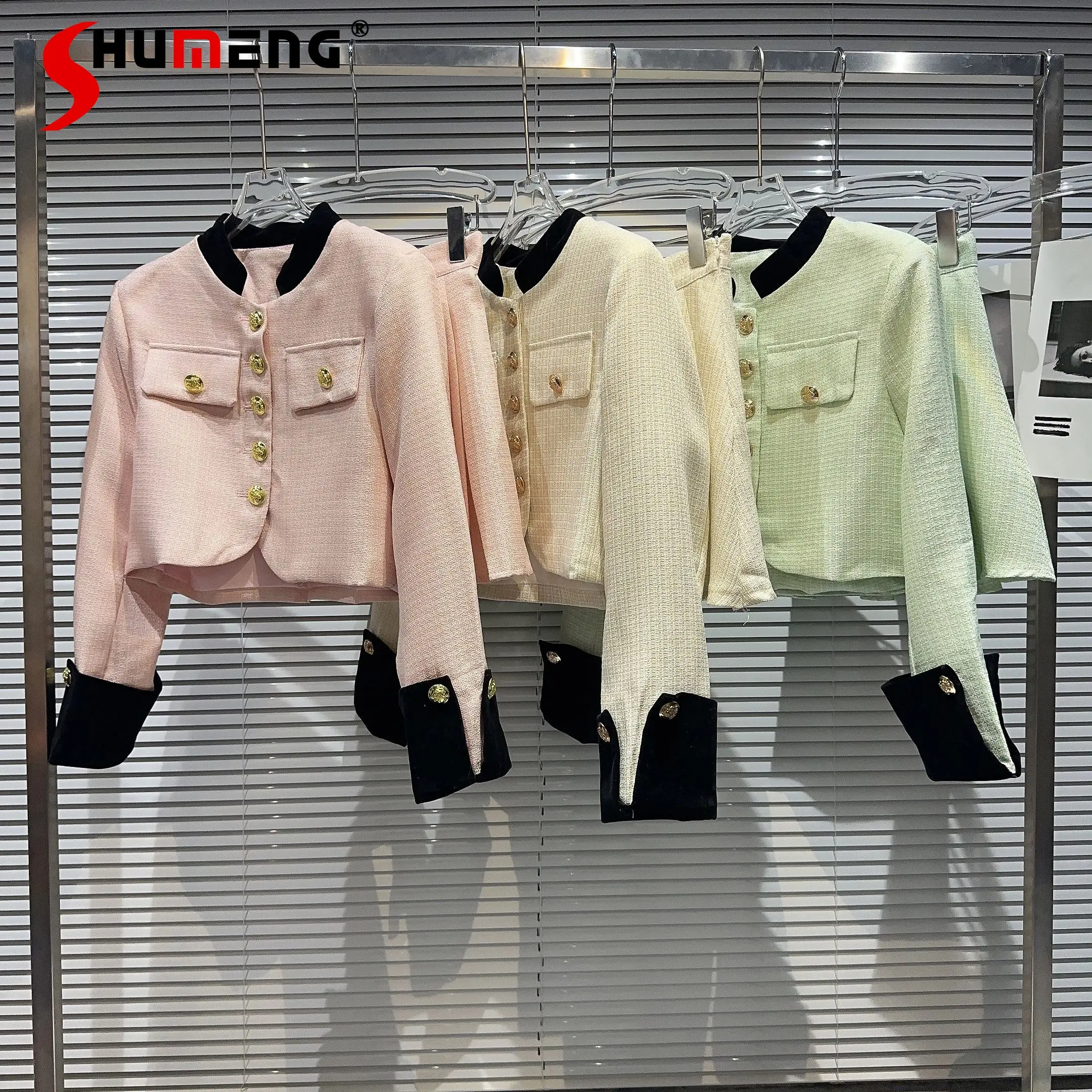 

Fall Chic Sets Womens 2023 New Metal Buckle Tweed Short Coat + Solid Color Pleated Skirt Two Piece Suit Ladies Outfits