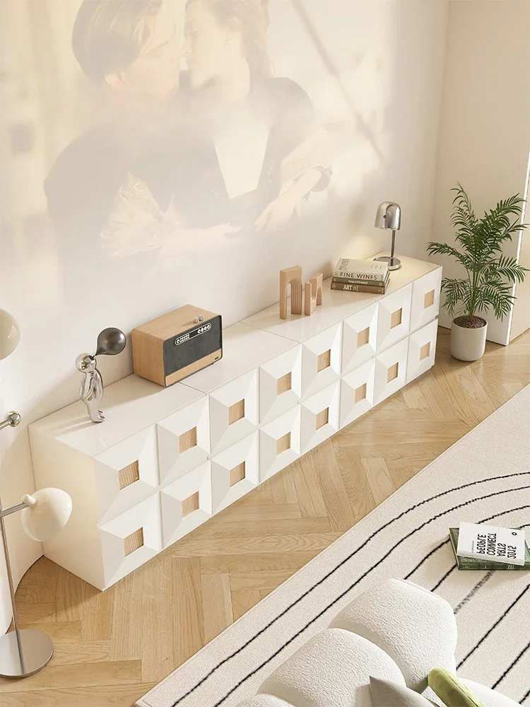 

French cream TV cabinet coffee table living room modern simple plaid storage storage cabinet