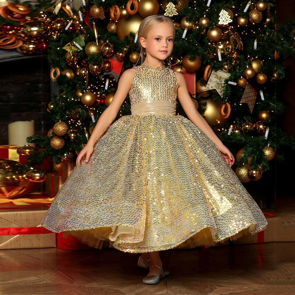 

Scoop Sequined Gold Flower Girl Dresses A Line Tea Length Sleeveless Girls Party Christmas Gown فساتين اطفال للعيد 2023