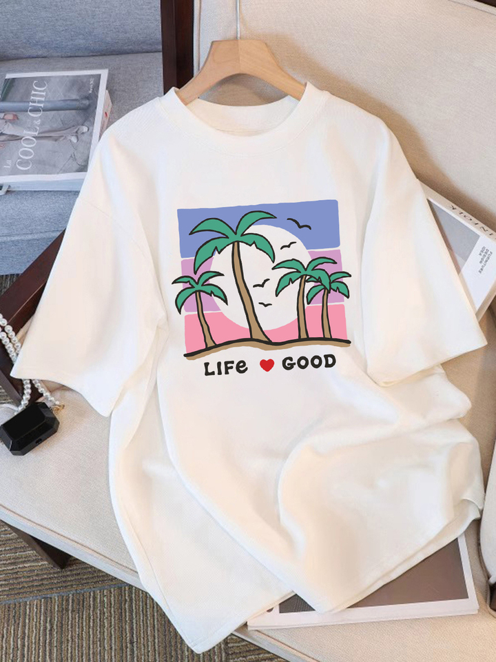 100% Cotton Summer T-Shirts Womens Life Love Coconut Tree Prints Tops Soft Loose O-Neck Short Sleeve Tees Basic Woman Clothes