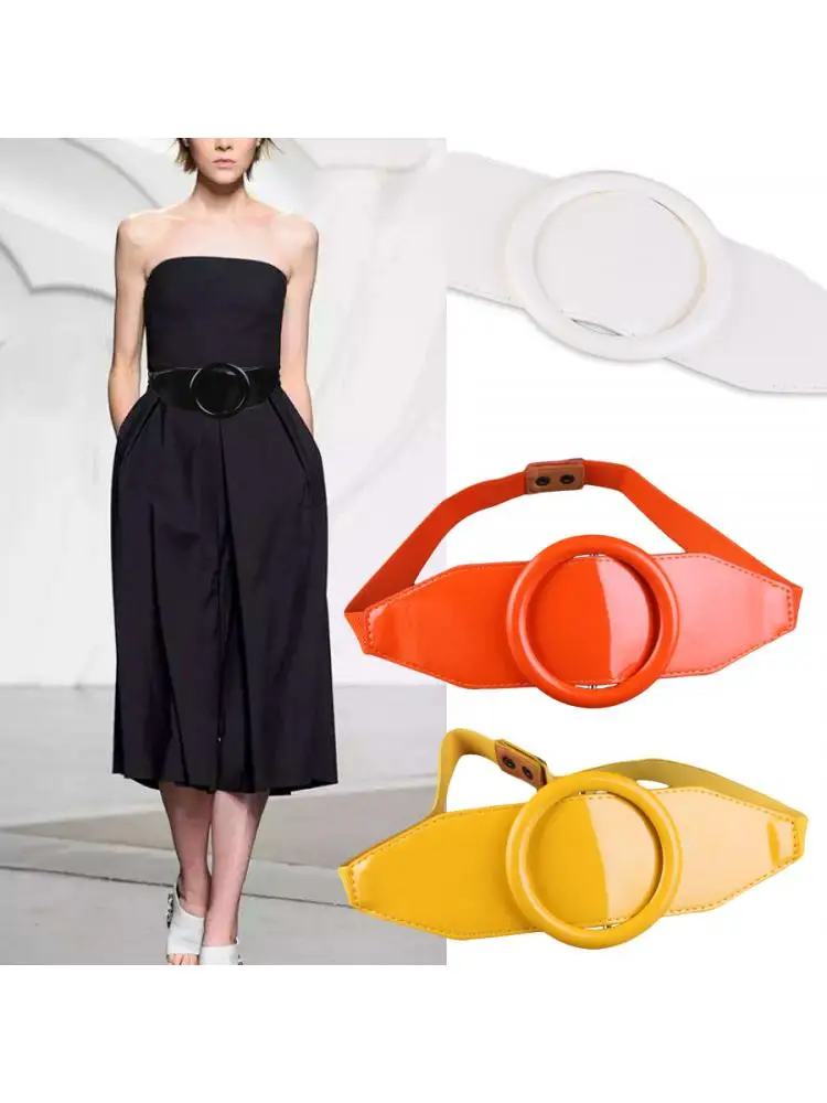 

Women Bright Simple Black Pu Leather Elastic Wide Belt Fashion Candy Color Matching Dress Accessories Ring Decoration Seal Waist