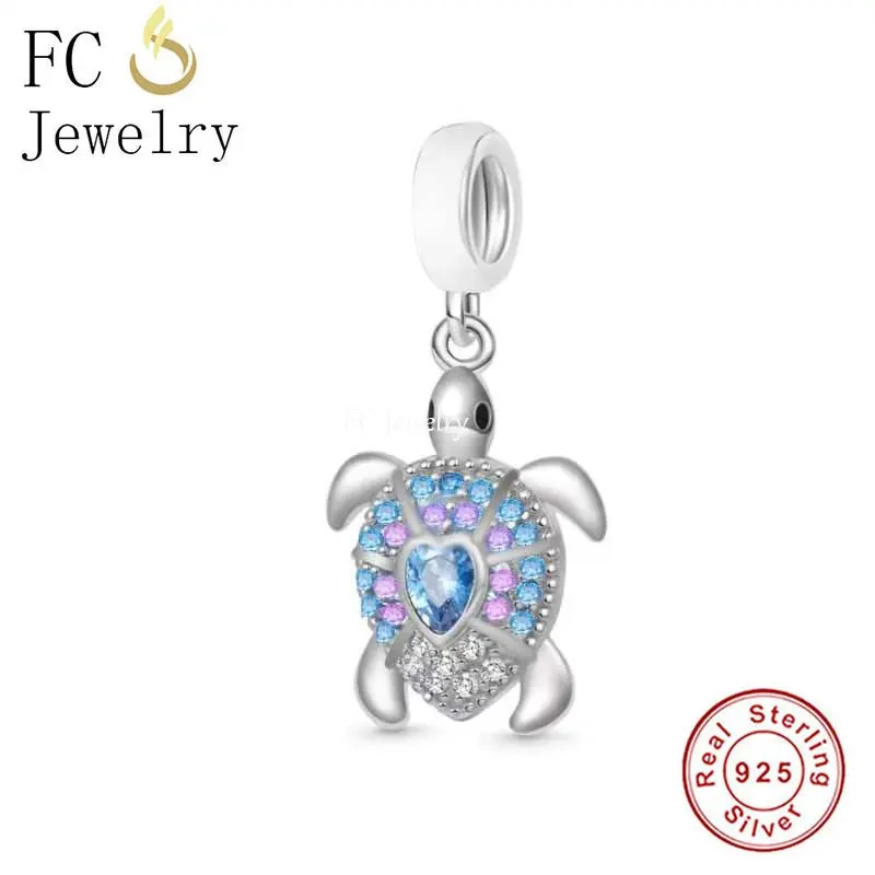 

Fit Original Pan Charms Bracelet 925 Sterling Silver Turtle Back with Blue Purple Zircon Pendant Bead For Making Women Berloque