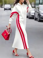 UOOZEE Womens Fashion Drawstring Striped Hooded Midi Dress Contrast Color Long Sleeves Loose Casual Office White Long Dresses
