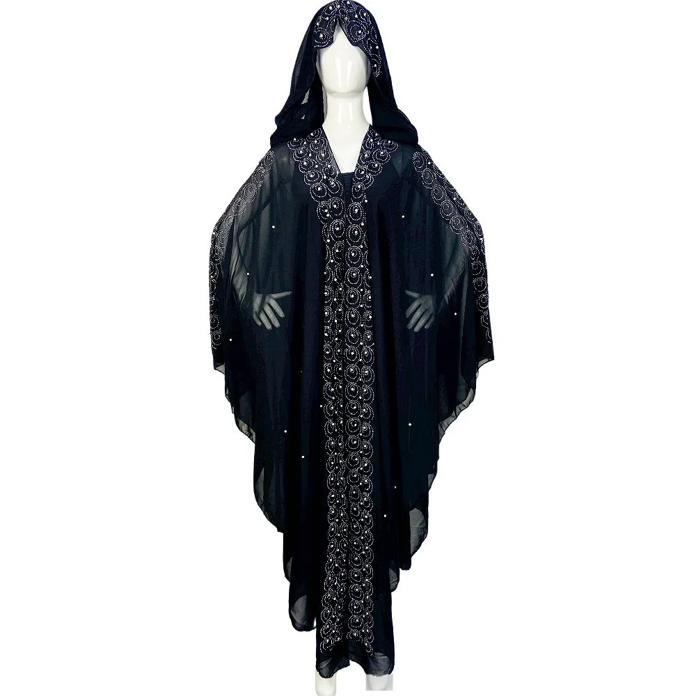 

Muslim Chiffon Beading Open Party Outfit Kaftan Abaya Women Dubai Turkish Stones Hooded Dress Elegant African Loose Boubou Robe