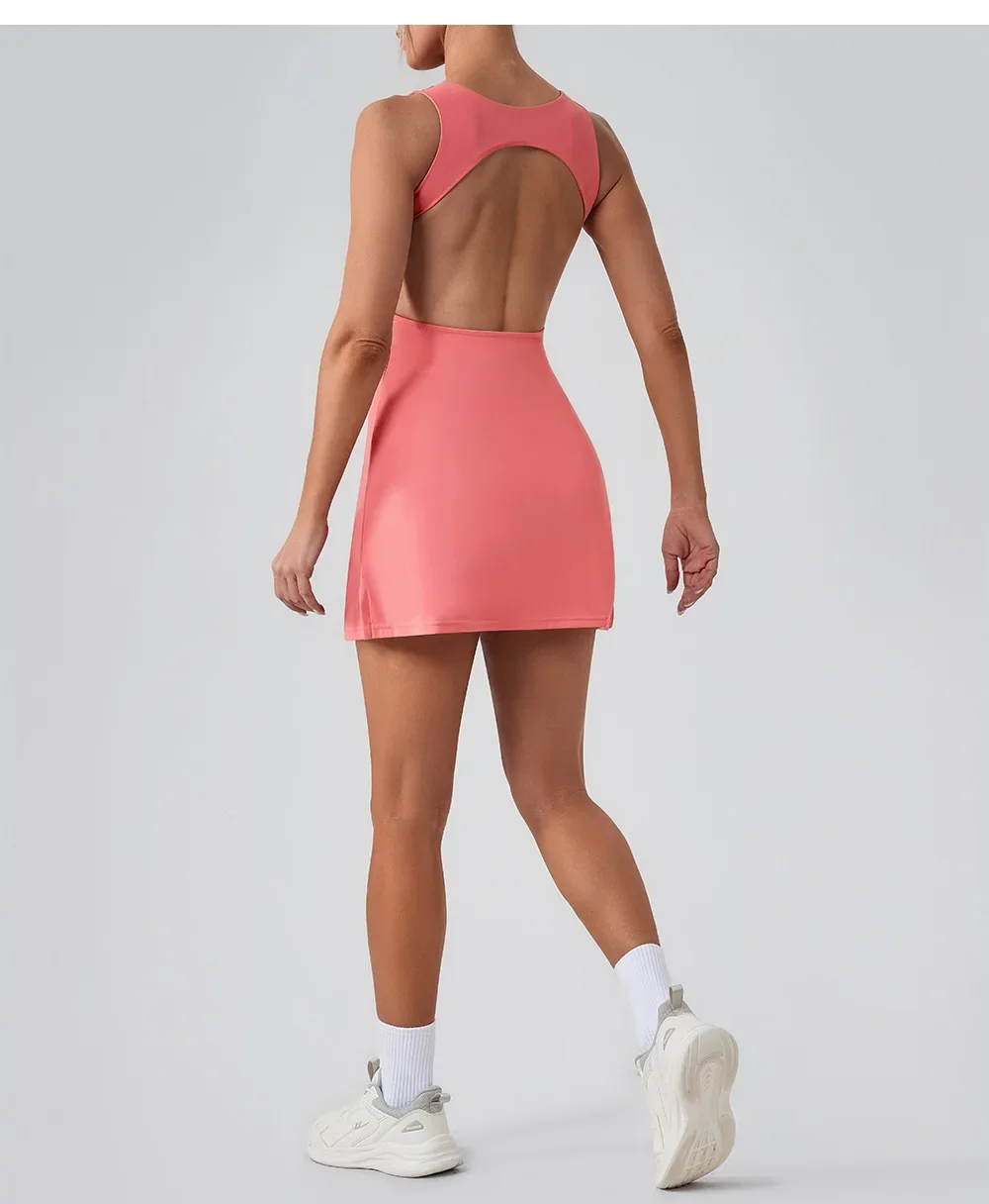 Backless Sports Tennis Dress with Shorts and Pockets Hollow Out Workout Golf Wear Women Badminton Running Suit Tenis Feminino