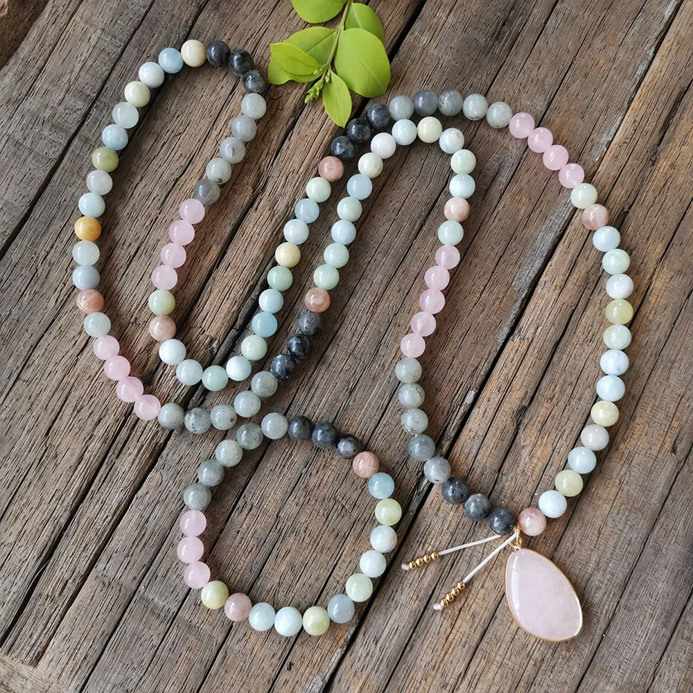 8mm Dream Aquarmarine Sunstone Rose Quartz Yoga Necklace,Sister Love,Romantic Sweet Prayer Bracelet,Spiritual Jewelry,Meditation