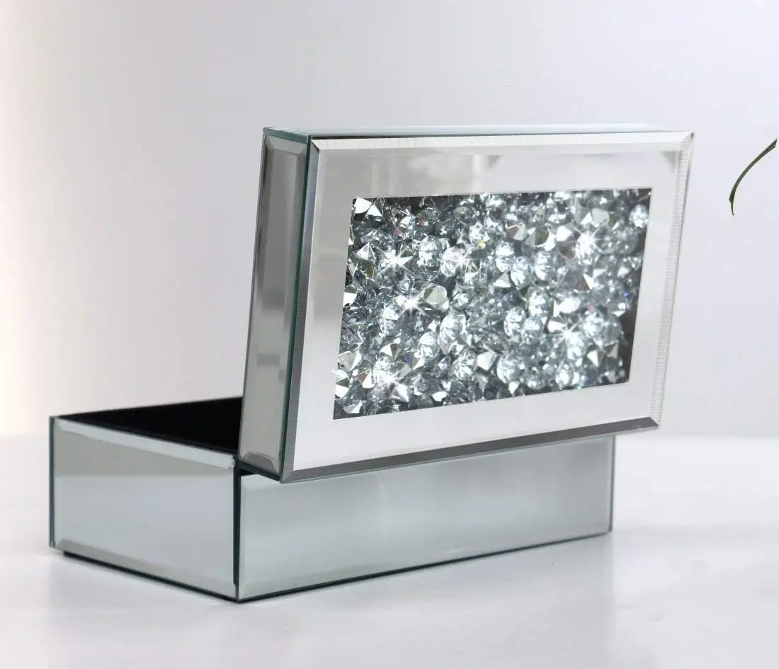 Luxury Silver Crushed Diamond Glass Mirrored Jewelry Box Storage Earrings Necklace Makeup Drawer Organizers Gifts for Women 5