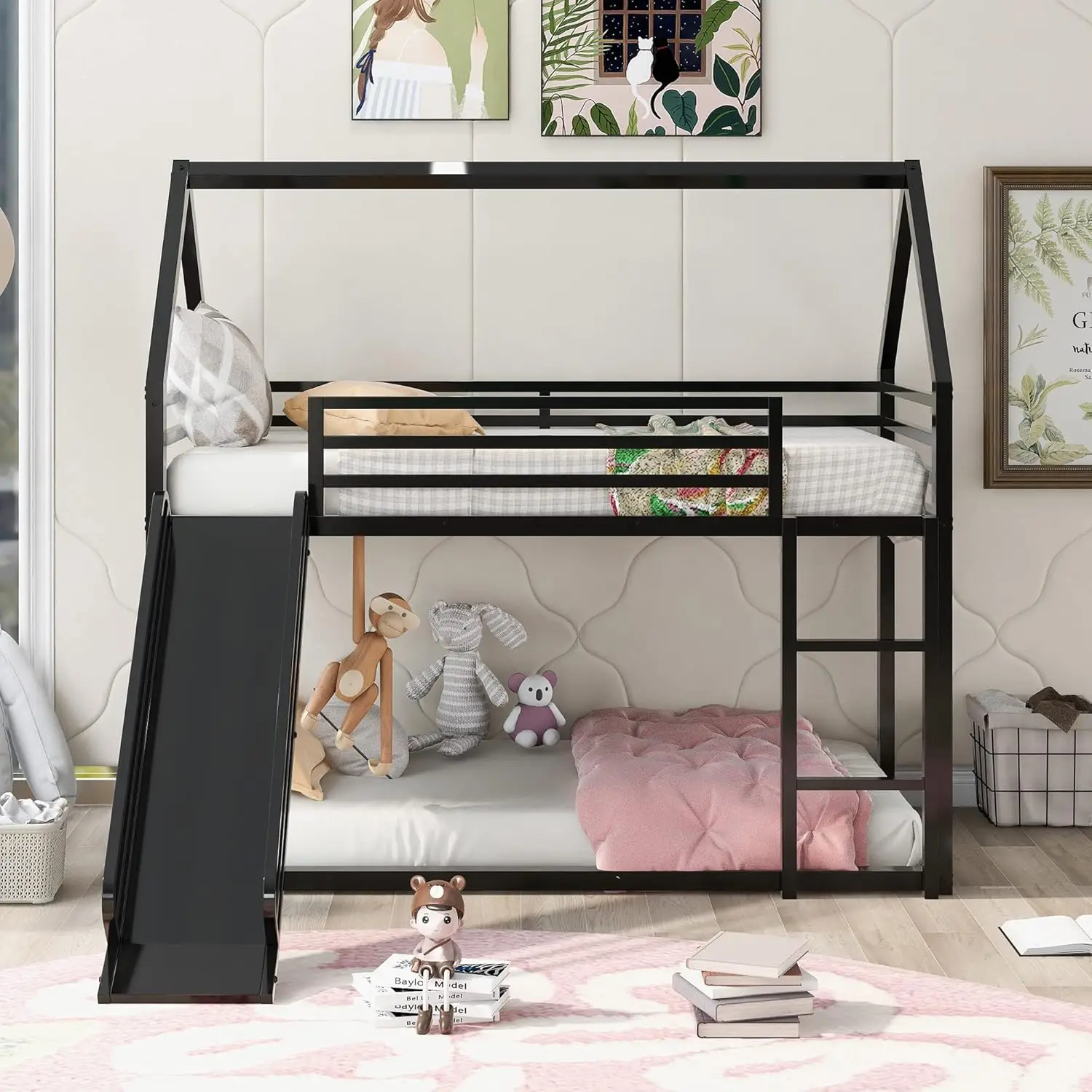 Twin Over Twin Bunk Bed with Slide, Junior House Low Bunk Bed Metal Bunkbeds with Ladder and Full-Length Guardrail for Girl, 3
