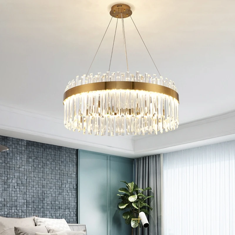 

Modern Crystal Luxury LED Pendant Light Round Gold Chandelier Rectangle Pendant Lamp For Dining Room Lustre With Remote Control