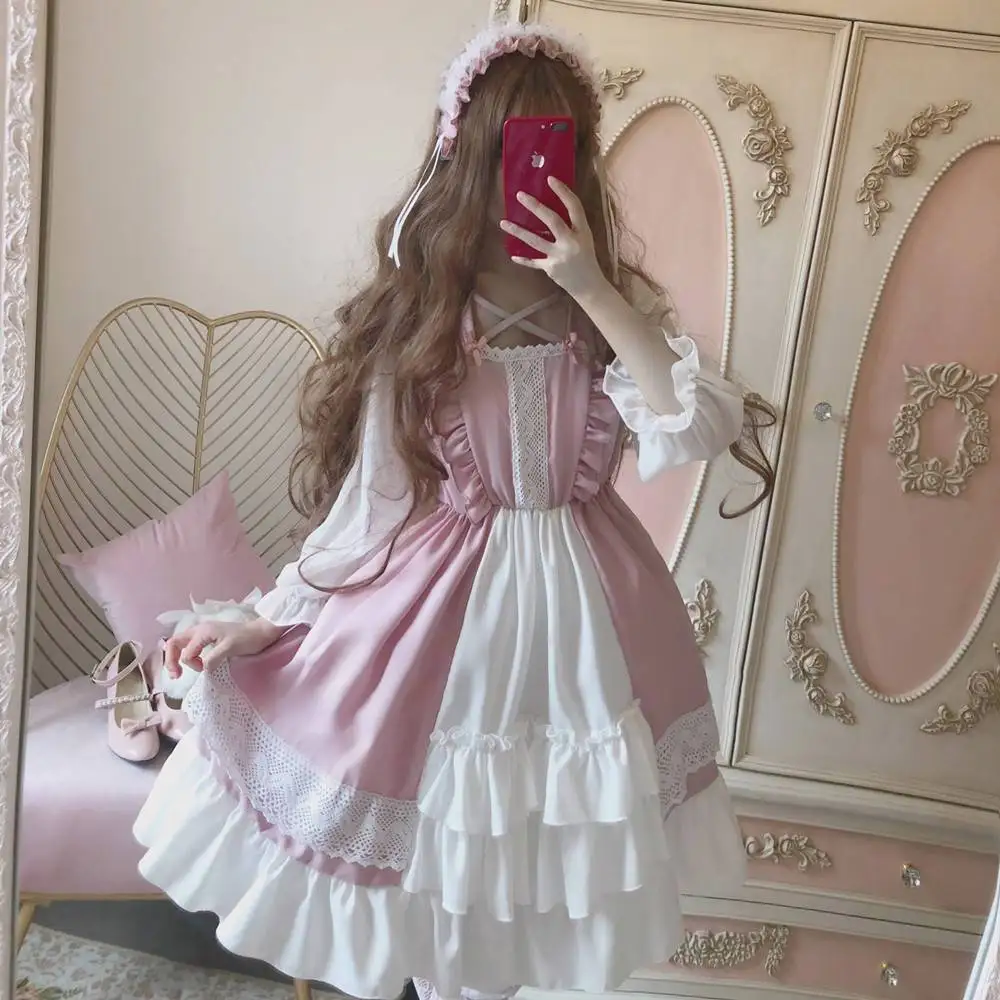 Cute Women Lolita OP Dress Flouncing Lace Trim Japanese Harajuku Long Sleeves Doll Teen Dress Fairy Vestidos Girly Camisole Dres