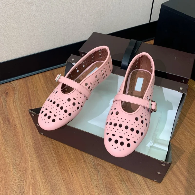 Water Diamond Mary Jane Single Shoes Women's Genuine Leather Round Toe Flat Bottom One line with Retro Ballet Shoes
