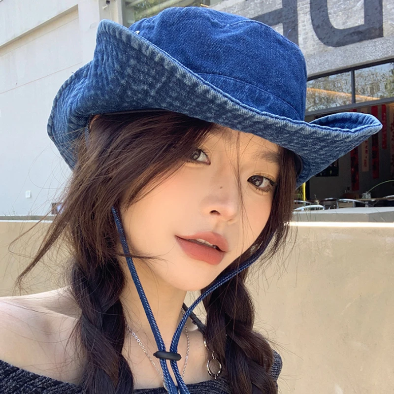 

Japanese Retro Denim Drawstring Bucket Hats for Women 2024 Spring and Summer New Design Versatile Sunscreen Camping Caps