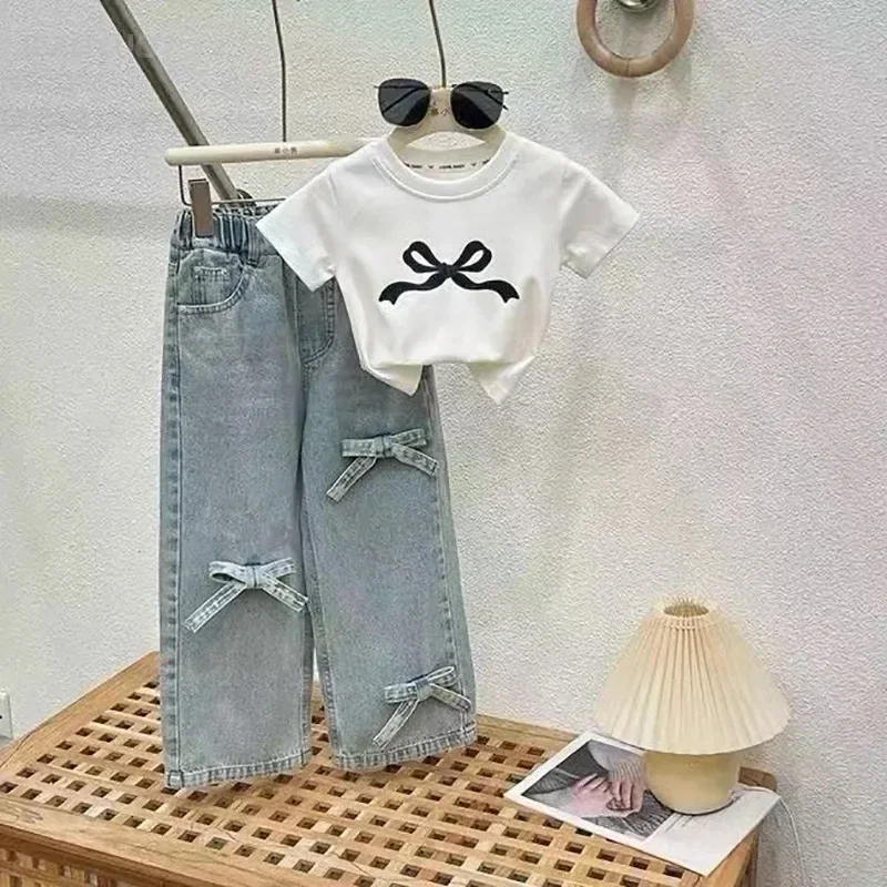 3-8T Girls Children's Clothing Set Spring Summer Milk Silk Bow Printed Short Sleeve Shirt Jeans Pants kids clothing set girls clothing set