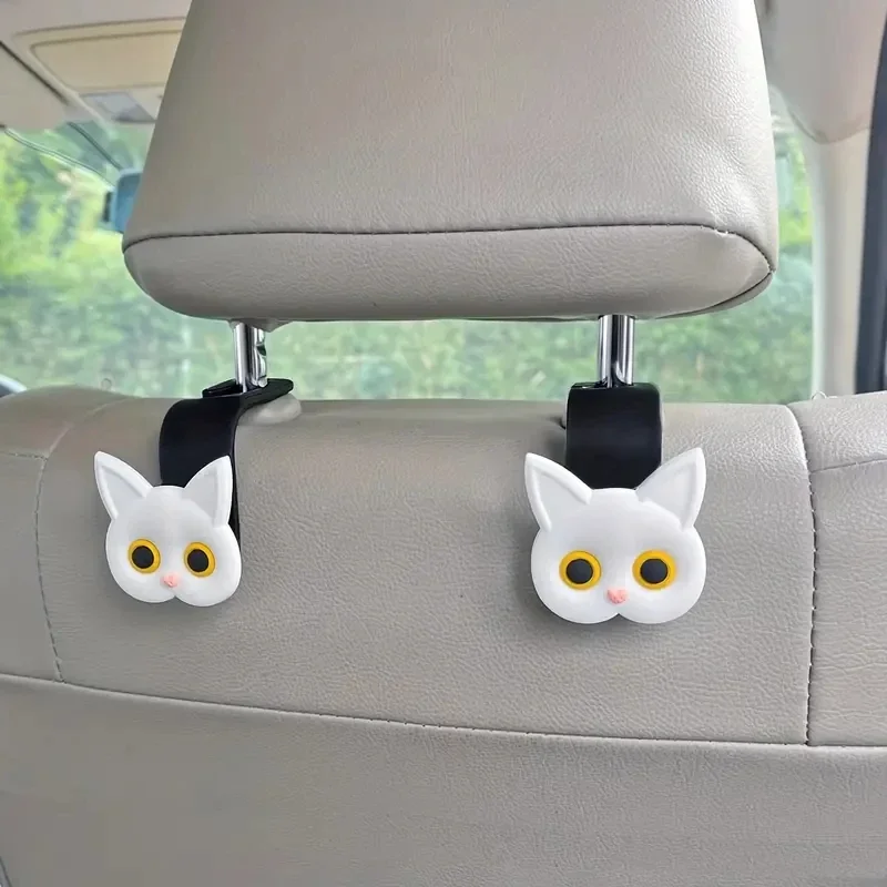 2-Piece 3D Cute Cat Car Headrest Hooks - Universal No-Scratch Hanger for Purses & Coats, Backseat Organization Accessory