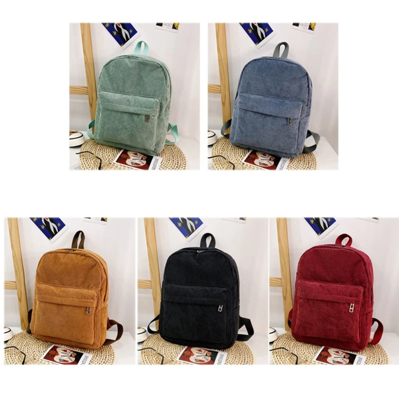 New Corduroy Backpack Solid Color Casual Daypack for Women Girl and Student