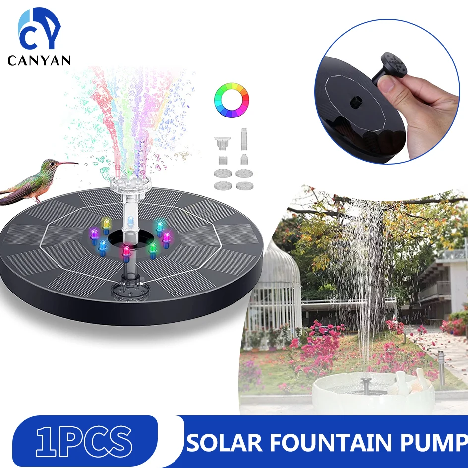 1.5W Solar Fountain Pump, with 6 nozzles Solar Bird Bath Fountain, Garden Decoration Floating Garden Waterfall Fountain Pump