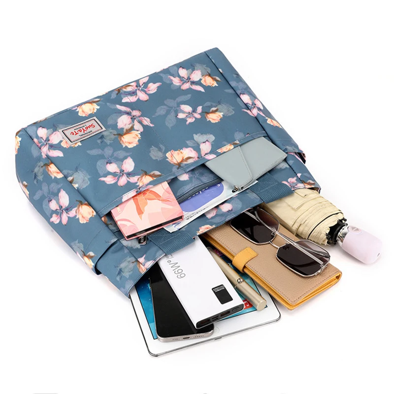Floral Printing Tote Handbags for Women Nylon Waterproof Large Capacity Shopping Purse Ladies Multi Pocket Zipper Messenger Bags