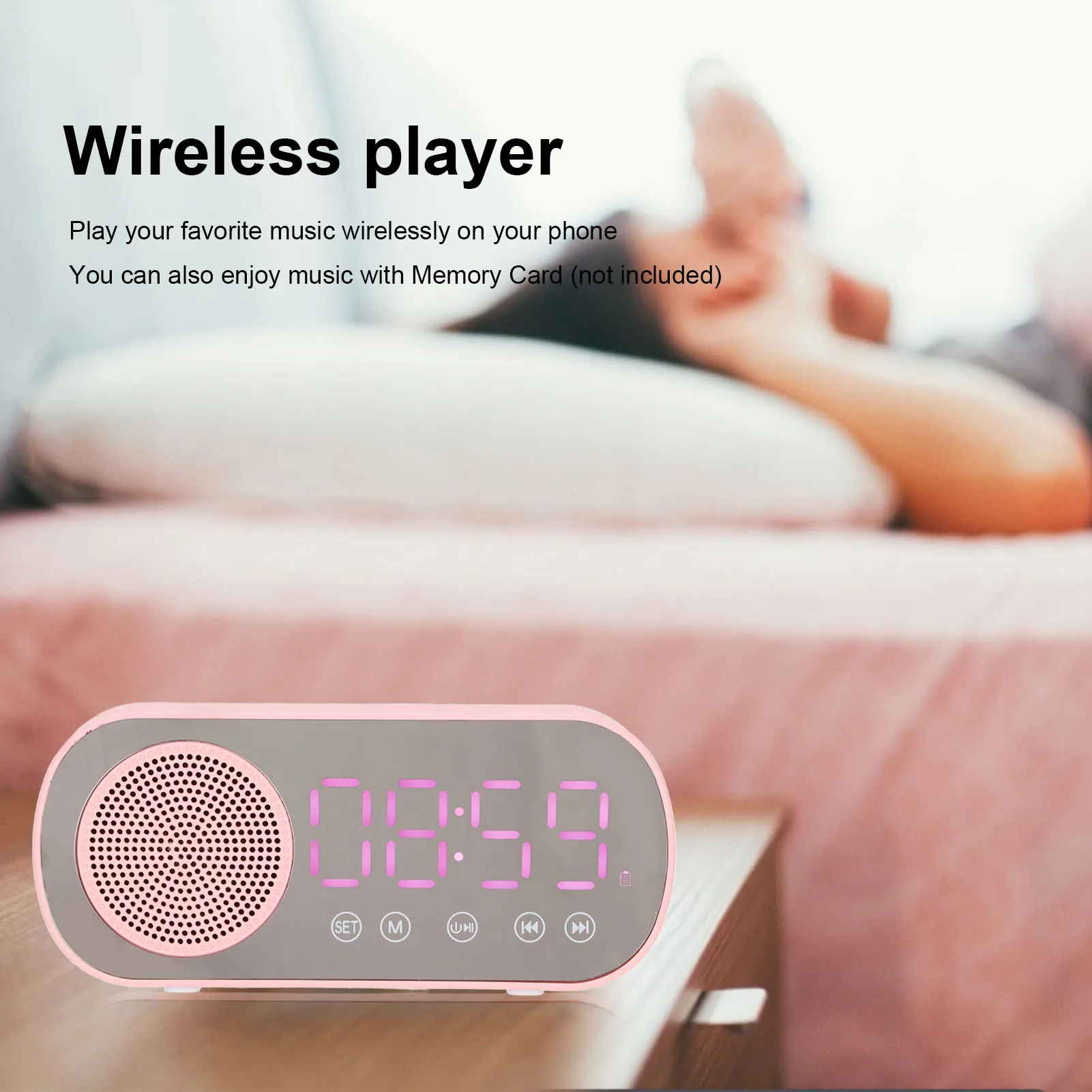 알람 시계 블루투스 스피커 FM 라디오 미러 시계 HIFI USB 충전 LED 디스플레이 휴대용 핑크 1600mAh 여행용