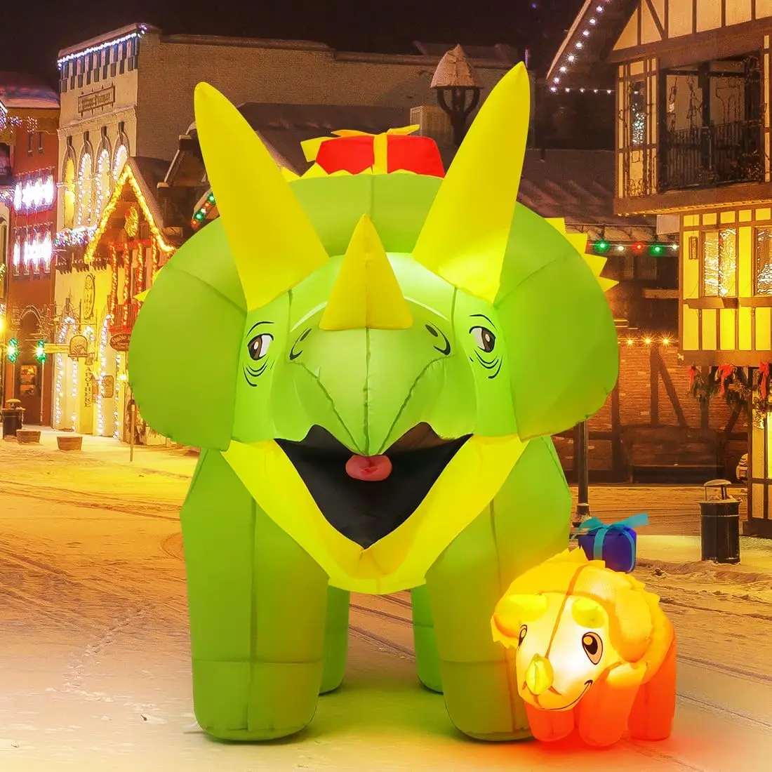 7.5 FT Length Christmas Inflatables Green Triceratops Dinosaur with Baby Dino Blow Up Yard Decorations LED Lights Outdoor Toys