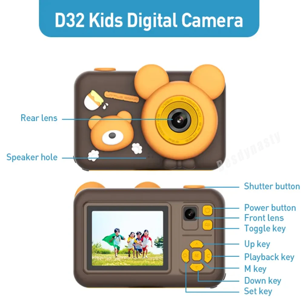 New Bear Kids Digital camera cartoon with Tripod Micro Toy lanyard Children Selfie Portable Toddler Video Holiday Gifts