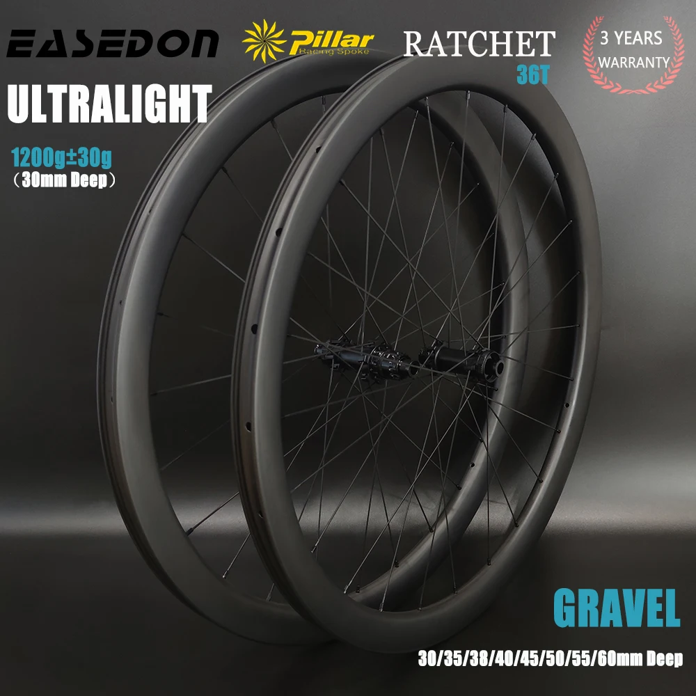 EASEDON Wheelset R240SL, Goldix Light 700C Road Bike Carbon 26 28mm Wide 30 35 38 40 45 50 55 60mm Deep Hook Tubeless Gravel Bicycle