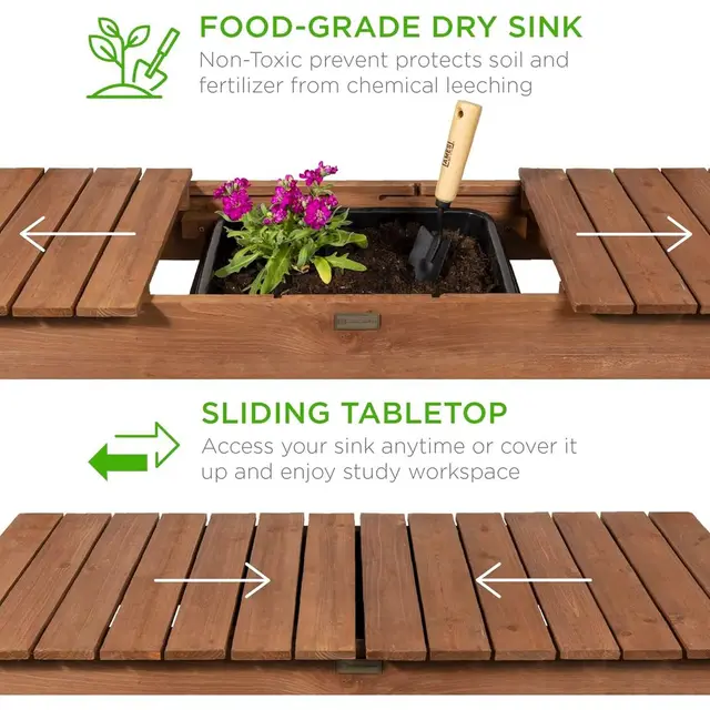 Outdoor Wooden Garden Potting Bench with Sliding Table, Dry Sink, Storage, and Locking Wheels