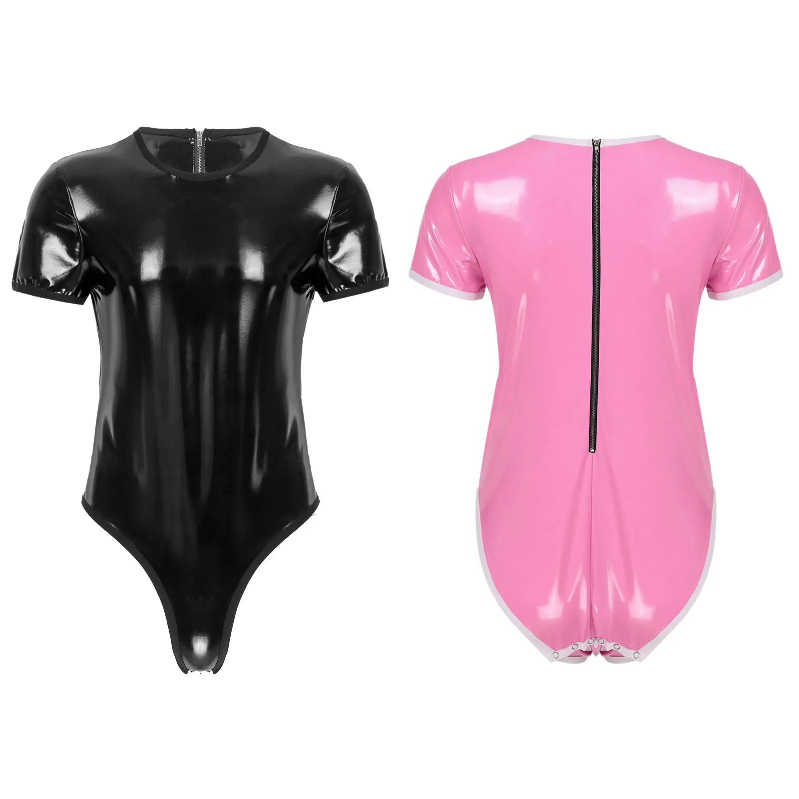 Men Latex Catsuit Glossy U Neck Sleeveless One-piece Bodysuit Underwear Zipper Swimsuit Wet Look Patent Leather Leotard Jumpsuit