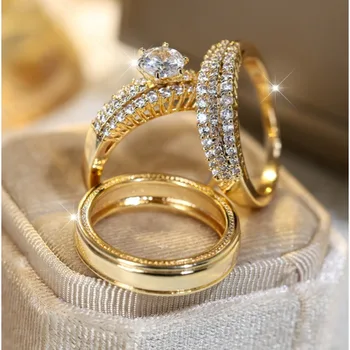 Luxury Crystal Female Zircon Round Stone Rings Set Vintage jewelry for Women