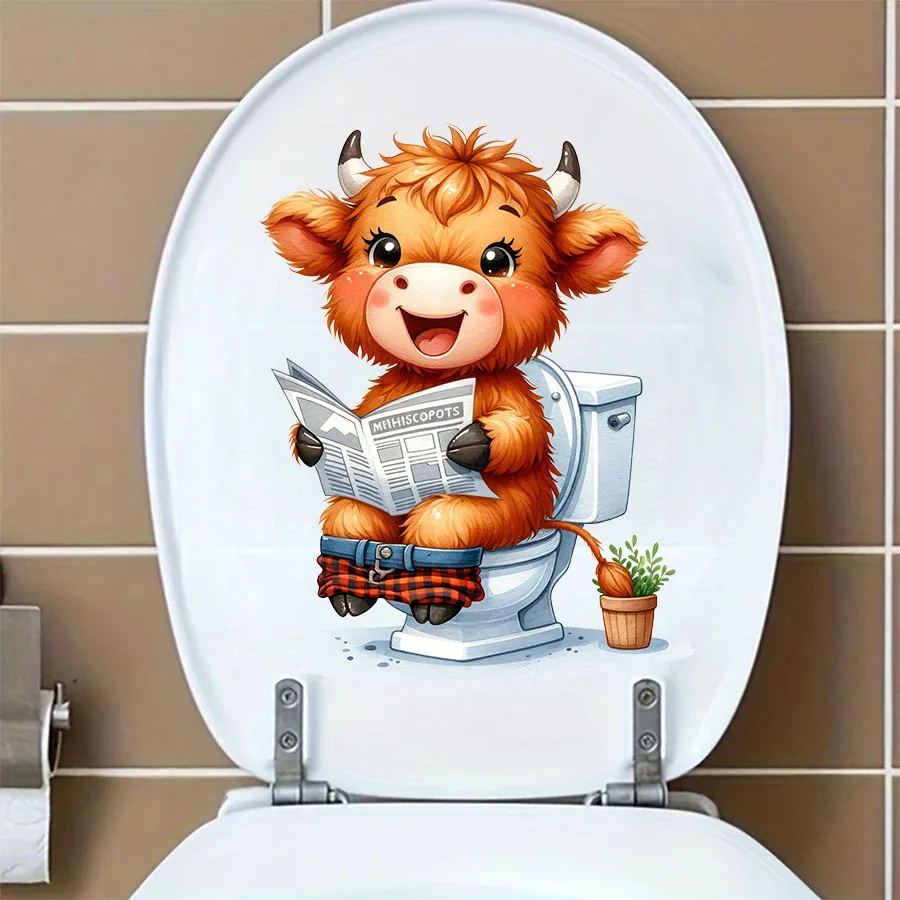 Highland Cow Reading Newspaper Toilet Sticker Toilet Seat Tank Bathroom Wall Glass Sticker Home Decoration Decal