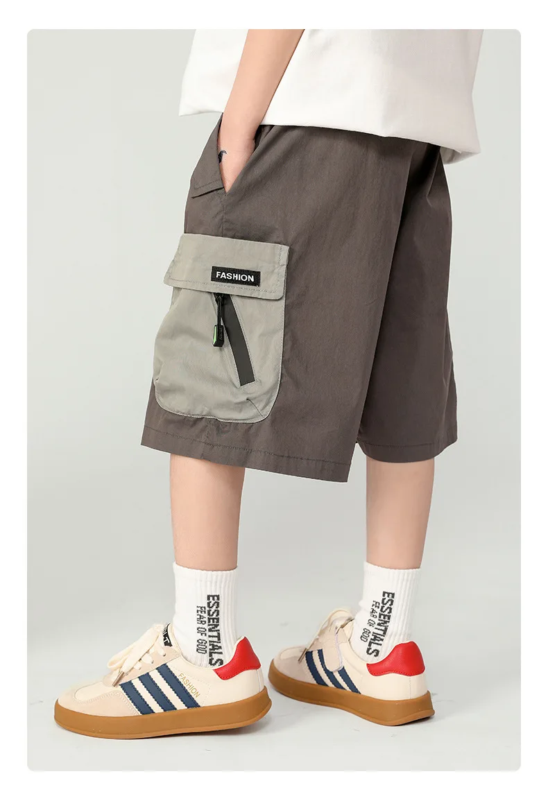 Neue Sommer-Cargo-Shorts für Teenager-Jungen, 3–12 Jahre, modische, knielange Hosen mit Reißverschlusstaschen, lässige Outdoor-Hosen aus dünner Baumwolle – Detail 16