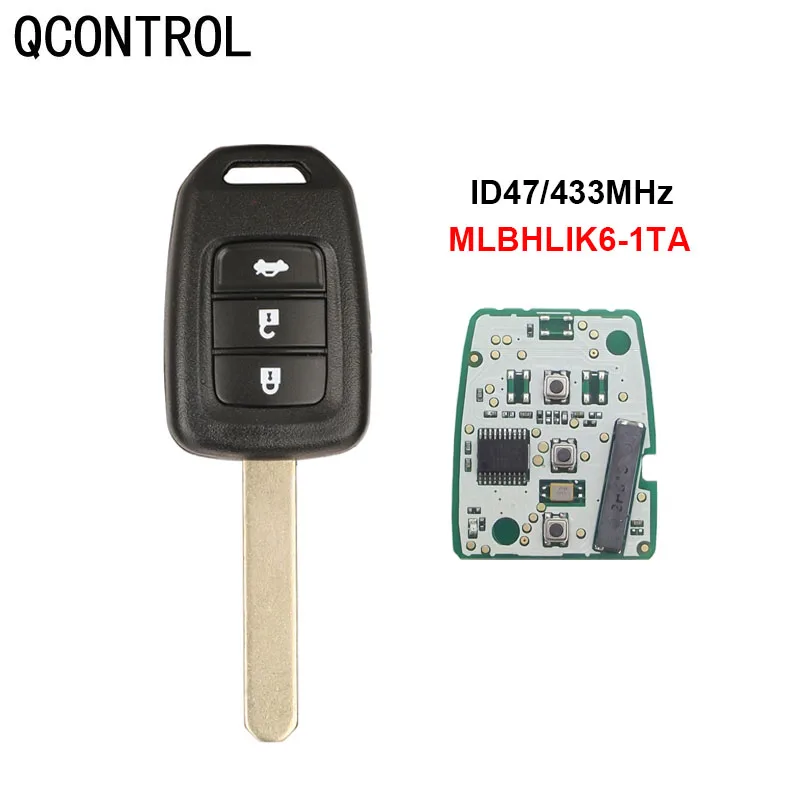 QCONTROL 433MHz 3 Buttons Car Remote Key Fob for Honda HLIK6-1T Civic Accord City CR-V Jazz XR-V Vezel HR-V FRV Car Lock 433Mhz datong world car remote control key for honda accord civic city crv jazz xr v vezel hr v frv id47 chip 433mhz twb1g721 hlik6 3t