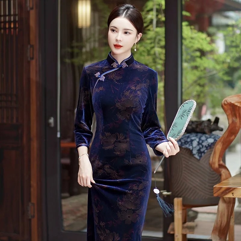 Women Flocking Cheongsam Improved Winter Plus Size Dress Chinese Style Evening Dresses Show Long Qipao Costume 4 Color chinese dress female evening dress