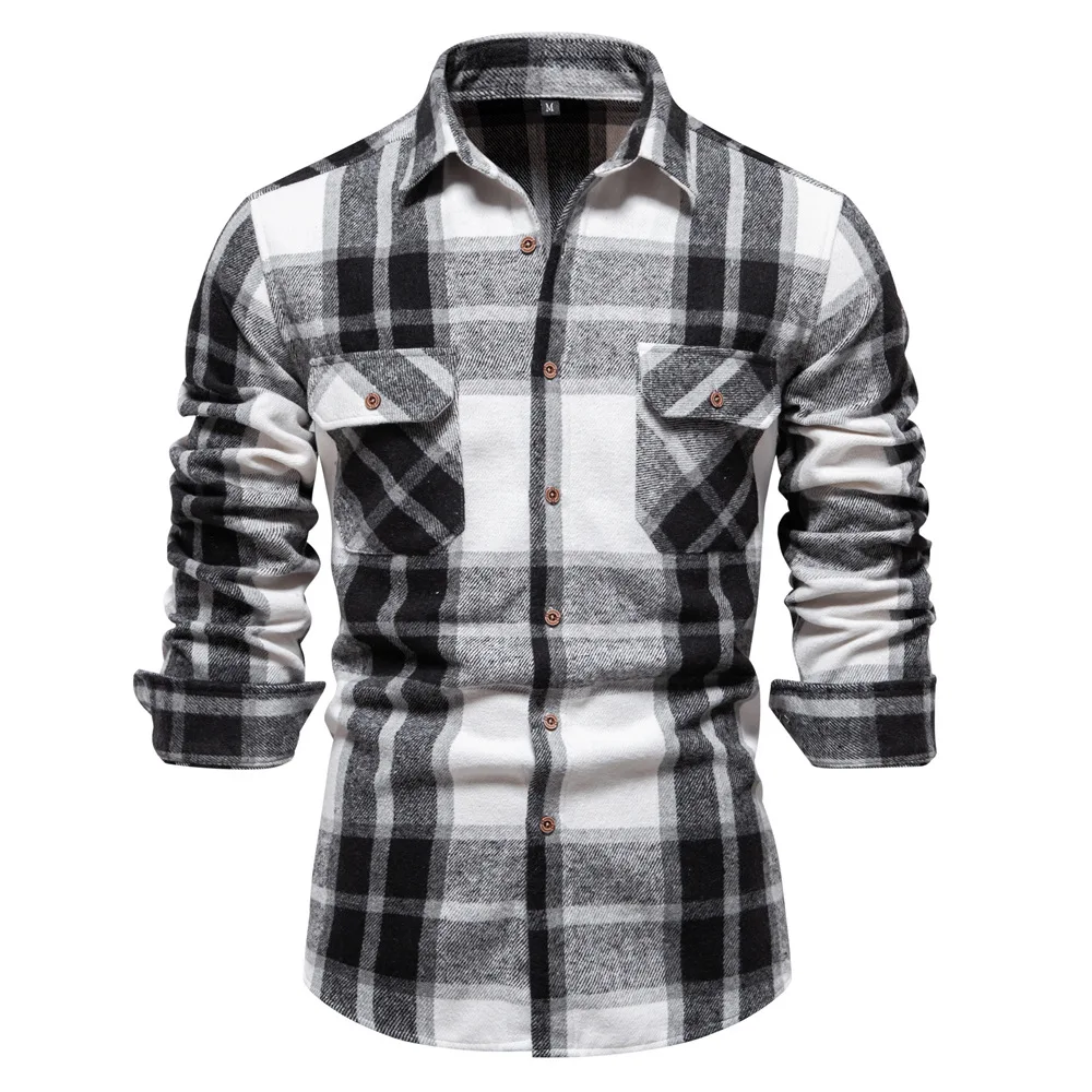 

Y2K Autumn Winter New Vintage Thicken Black White Plaid Shirt Men Casual Double Pockets Mens Luxury Brushed Shirts Chemise Homme