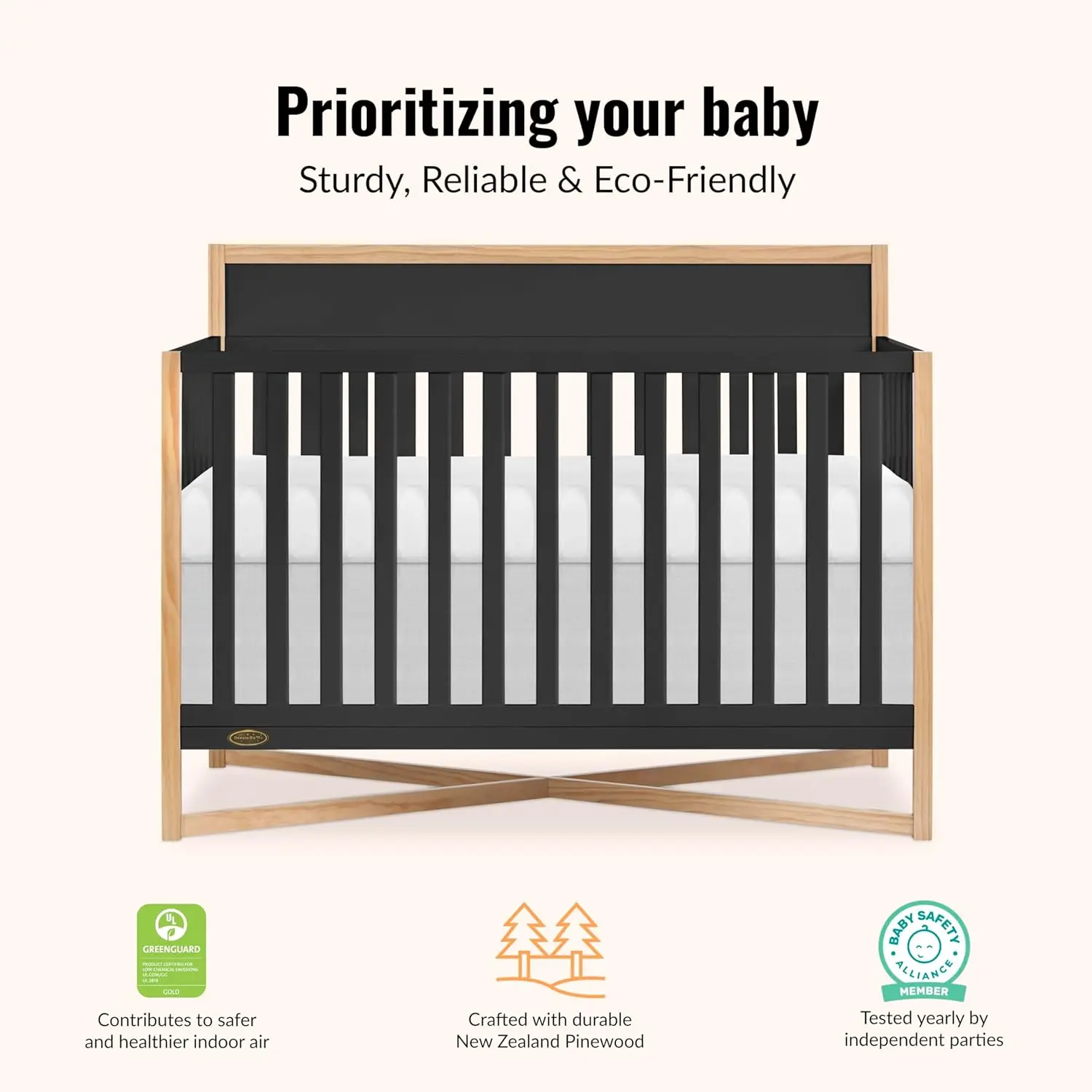 Owen 5-in-1 Convertible Full-Size Baby Crib in Matte Black, GreenGuard Gold & JPMA, Converts to Toddler, Day, & Full-Size Bed