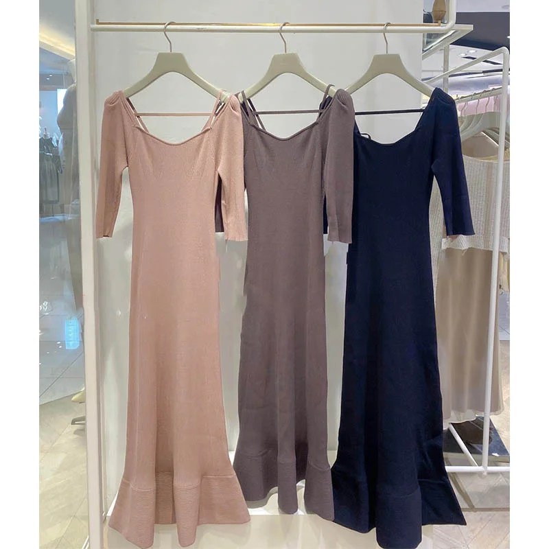 

Женское приталенное платье-русалка, однотонное весеннее платье с квадратным вырезом, рукавом три четверти и лямками на плечах, в японском стиле