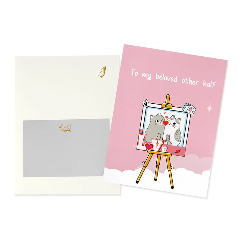 Pop up style creative 3D Valentine's Day greeting card handmade paper carving holiday blessings gift love cat Includes envelope