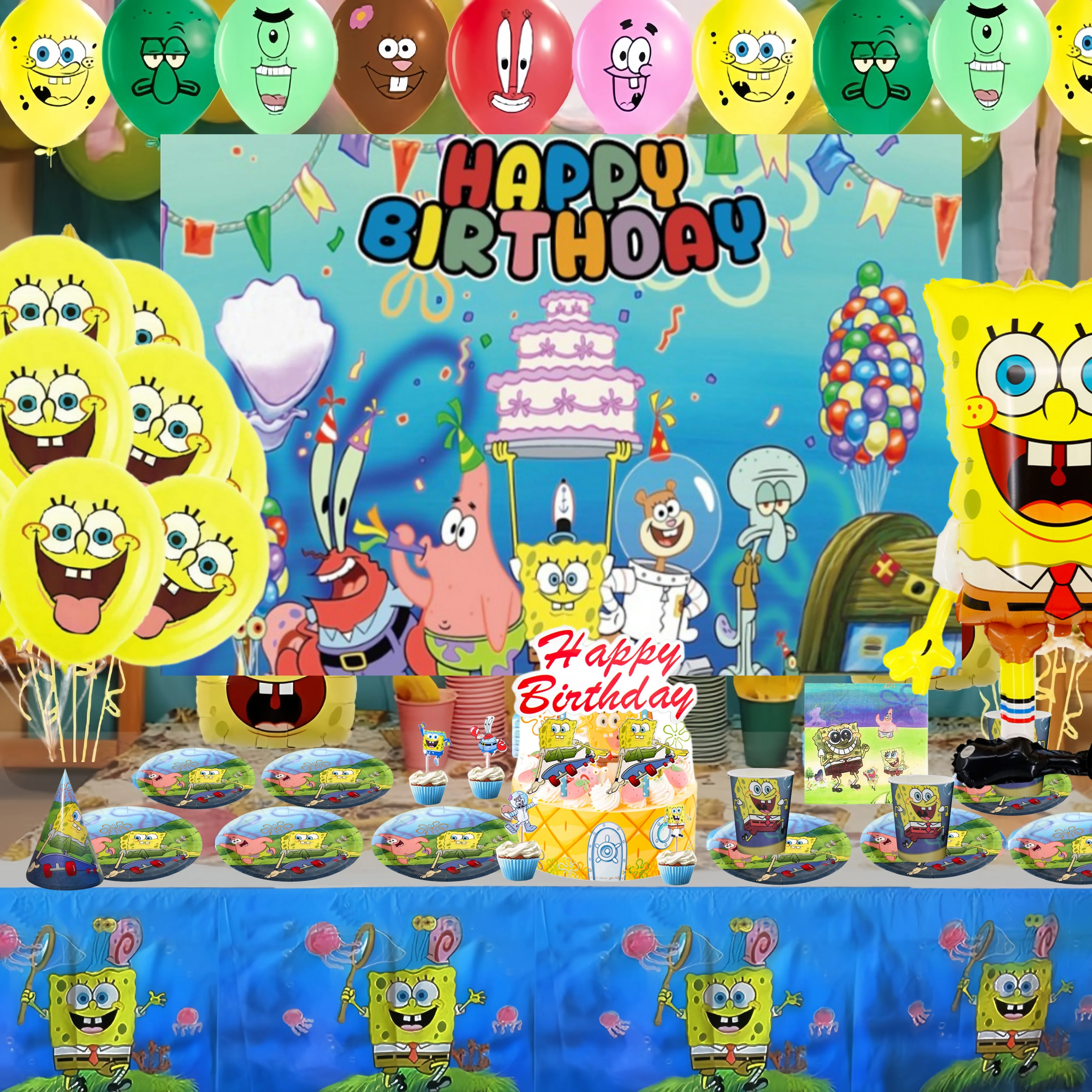 Sponge-Bob Decoração de Aniversário Esponja Bebê Talheres Descartáveis ​​Prato Toalha Guardanapo Balão Chá de Bebê Crianças Fontes de Festa