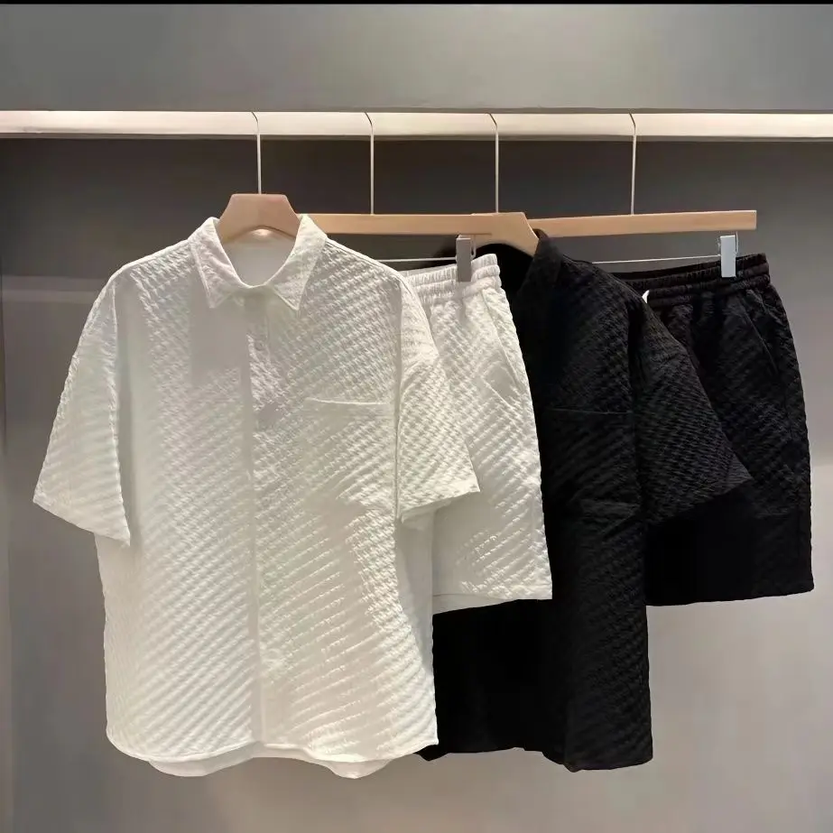 

Men Suit clothes Set Oversize Plaid Lapel Short Shirts Solid Two-Piece Summer Casual Solid Short Sleeve Loose Fashion Streetwear