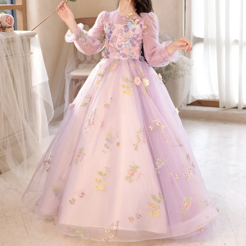 

Exquisite Sweet O-neck Full Sleeve Flower Girl Dresses Luxury Floral Embroidery Appliques Long Cascading Gown Back Zipper Robe