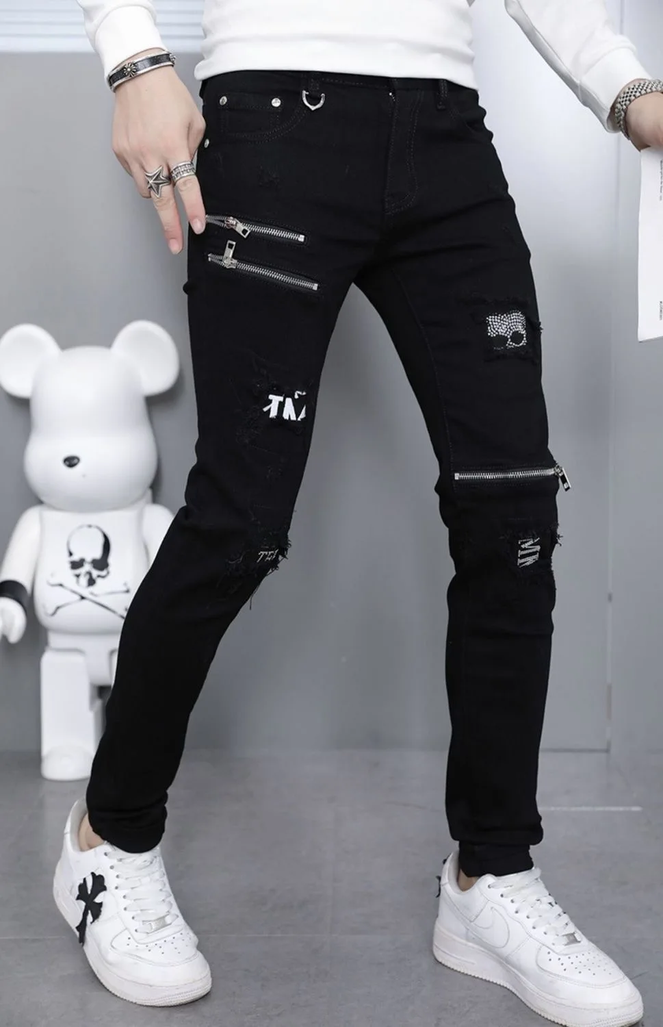 Black Straight Leg Ripped Jeans Detail View