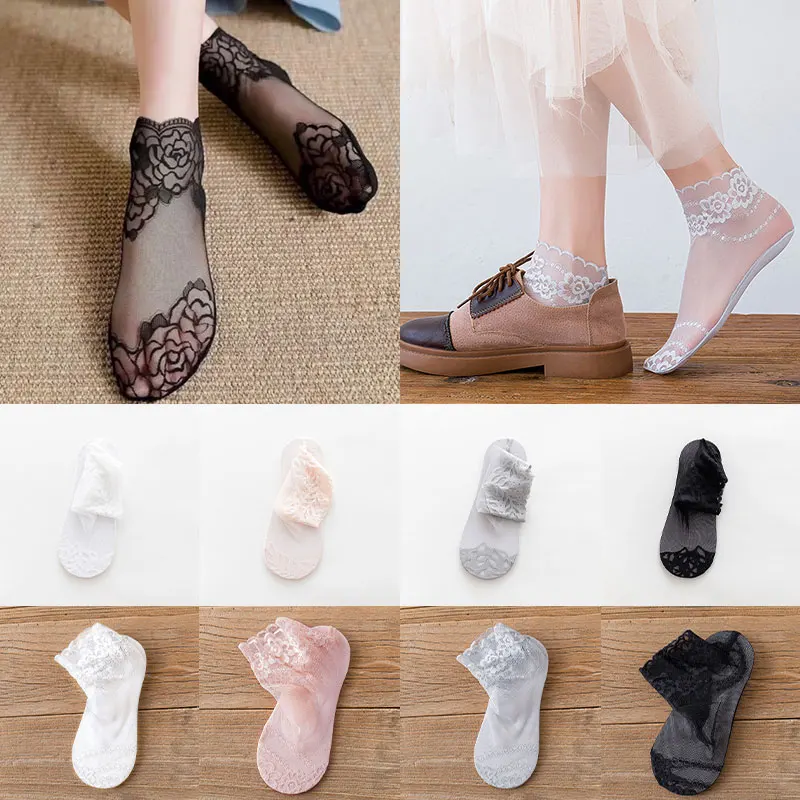 

1 Pair Women Sock Summer Lace Crystal Glass Silk Socks Short Thin Transparent Jacquard Elastic Ultrathin Socks носки женские