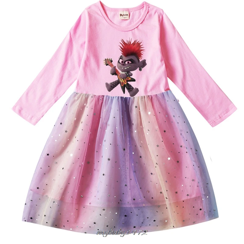 Trolls 2 Spring Autumn Girls Dress Lace Gown And Long Sleeve Dress Tutu Toddler Cosplay Children'S Day Party Dress Gift