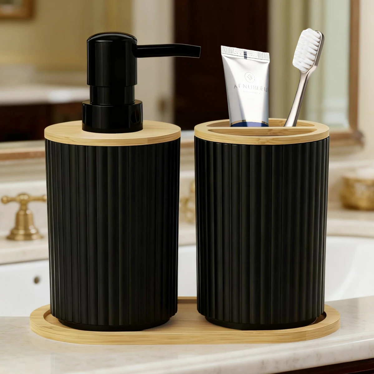 Black Bath Accessories Soap Dispenser and Toothbrush Cup Set
