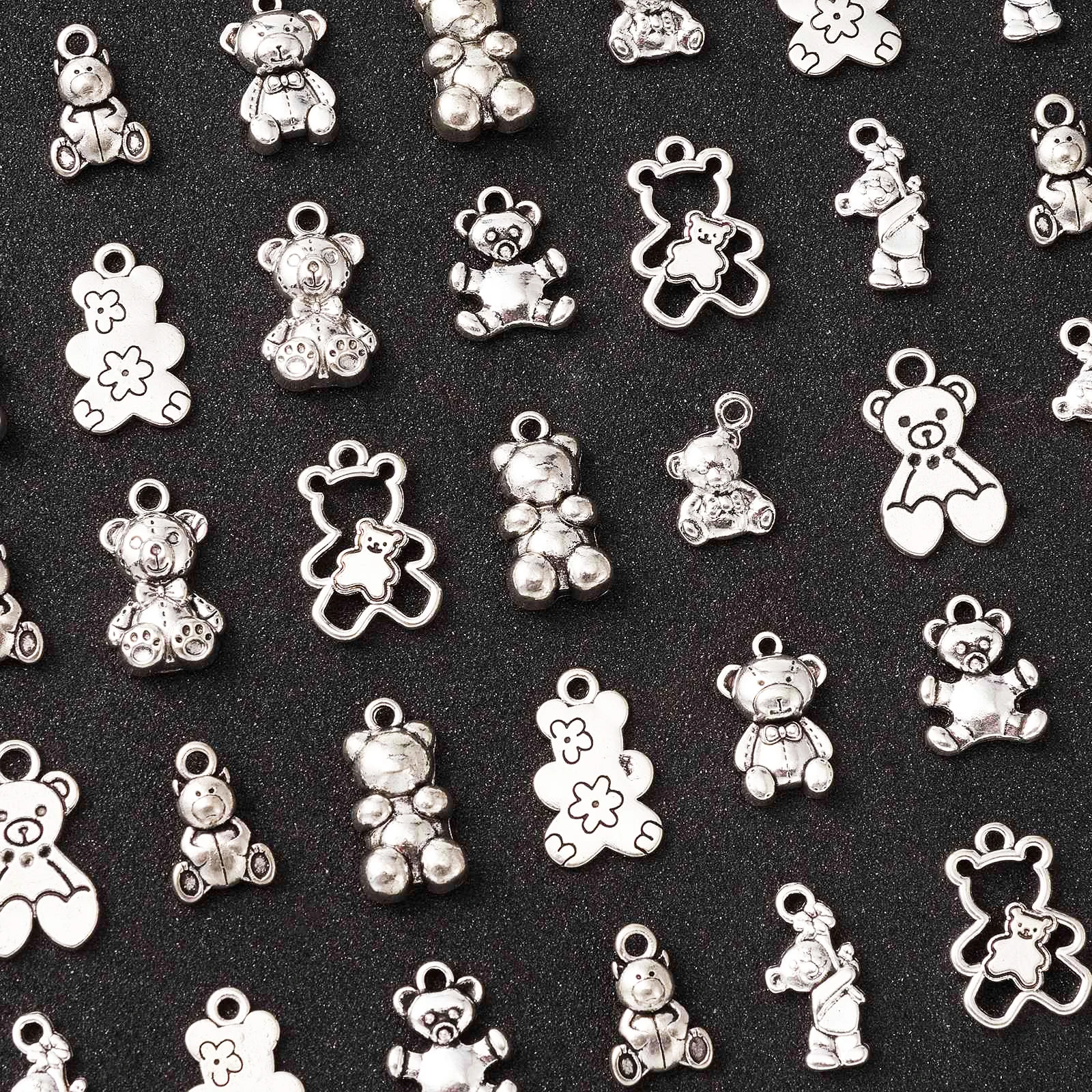 100Pcs 10 Styles Tibetan Animal Bear Charms Antique Silver Cute Baby Toy Bear Charms for Jewelry Earrings Making Supplies