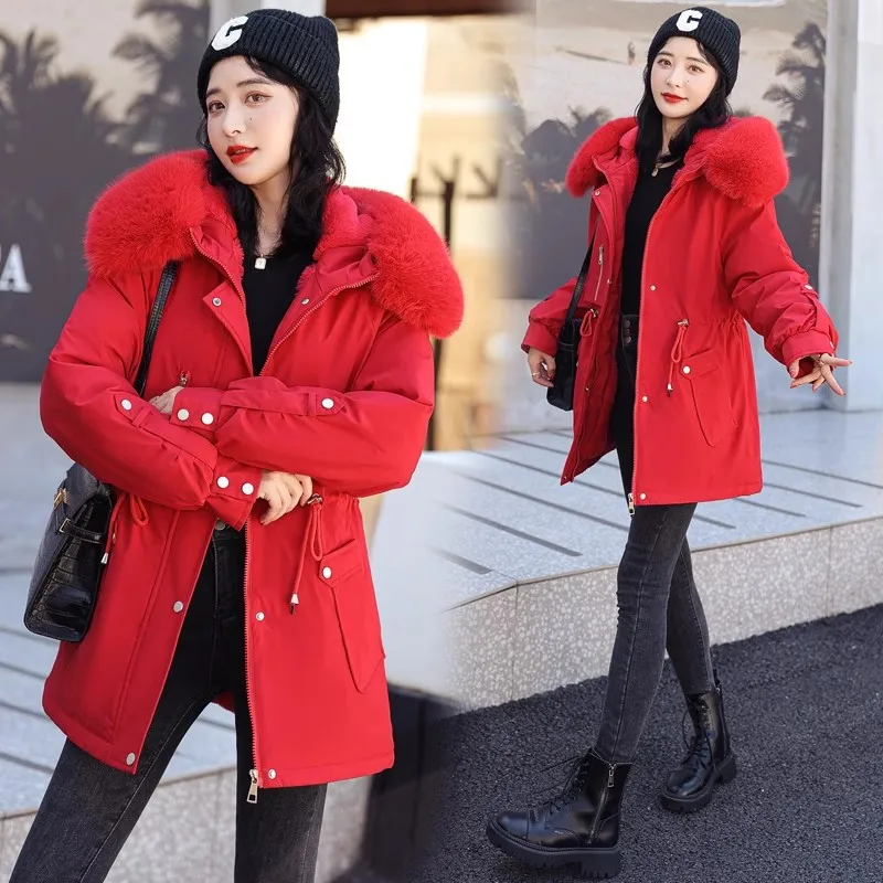 

Down Parkas New Winter Fur Liner Long Women Jacket Korean Thicken Warm Cotton Parka Female Add Velvet Coats Overcoat Snow Wear